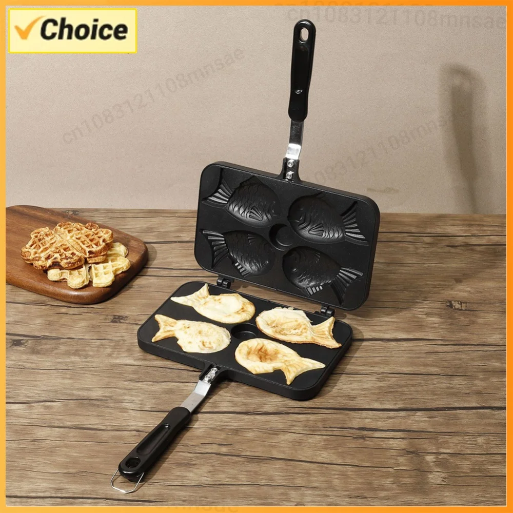 Four Fish Shaped Fry Pan Waffle Molds Aluminum Alloy Taiyaki Cooking Bakeware Waffle Baking Kitchen DIY Takoyaki Cake Oven