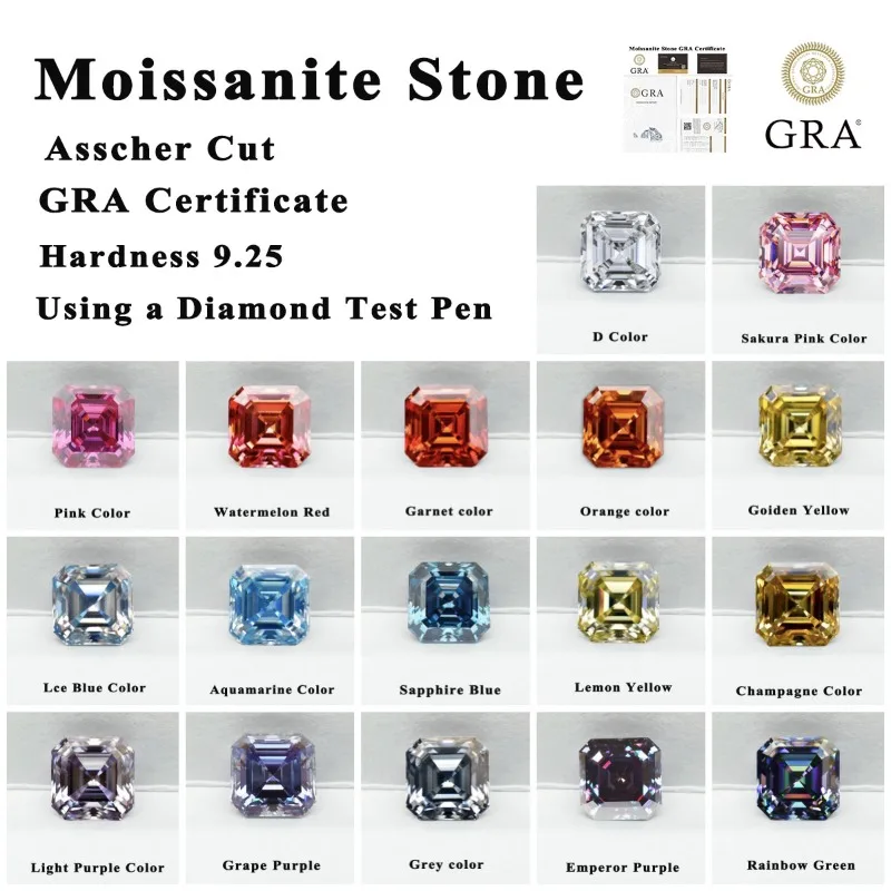 

Moissanite Stone Asscher Cut Multiple Colors VVS1 High Quality Loose Gemstones for Custom Jewelry Making with Certificate