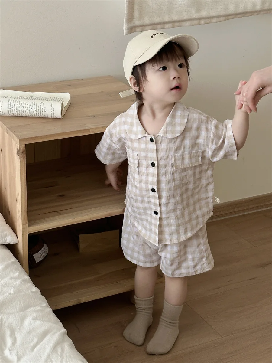 2024 Summer New Baby Short Sleeve Plaid Set Boy Girl Lapel Shirts + Shorts 2pcs Suit Infant Toddler Casual Versatile Outfits