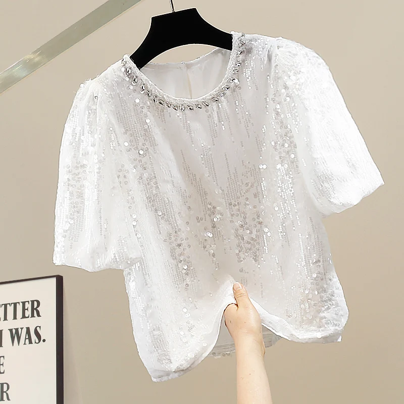 

Корейский шифоновый топ с короткими рукавами, блестящий, модный, с пышными рукавами, укороченный, трендовый топ для молодых женщин на лето
