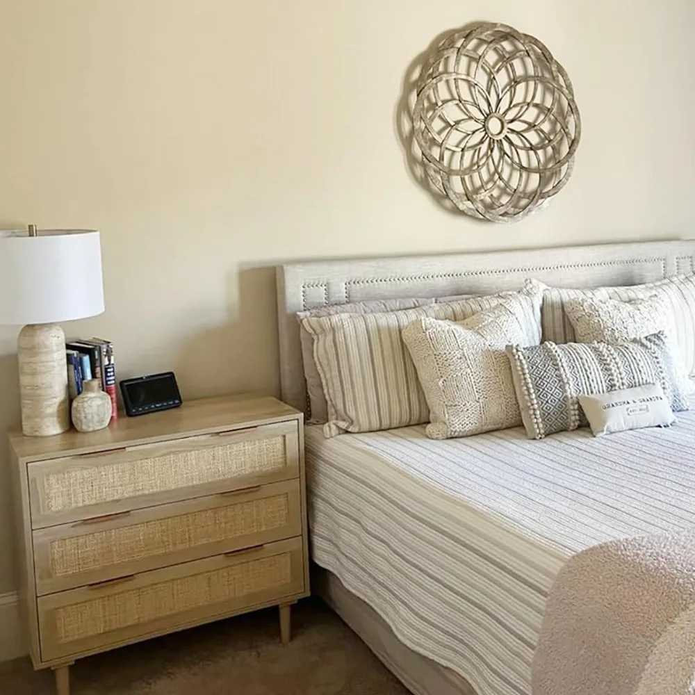 

Large Nightstand Set of 2 with Rattan Drawer, Modern 3 Drawer Night Stand for Bedroom, Wooden Bedside Table for Queen Size and
