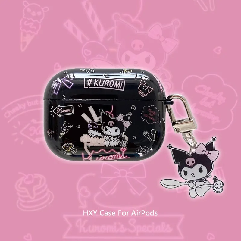 Black Kuromi Earphone Case for Airpods Pro3 Protective Cover Earphone Case for Airpods 4 3 2 1 Accessories with Keyring