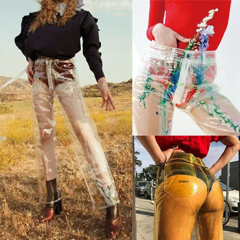 Hot Sale Women Transparency  Wide Leg High Waist Pant Waterproof PVC Plastic Skinny Pants Loose Long Individuality Trousers