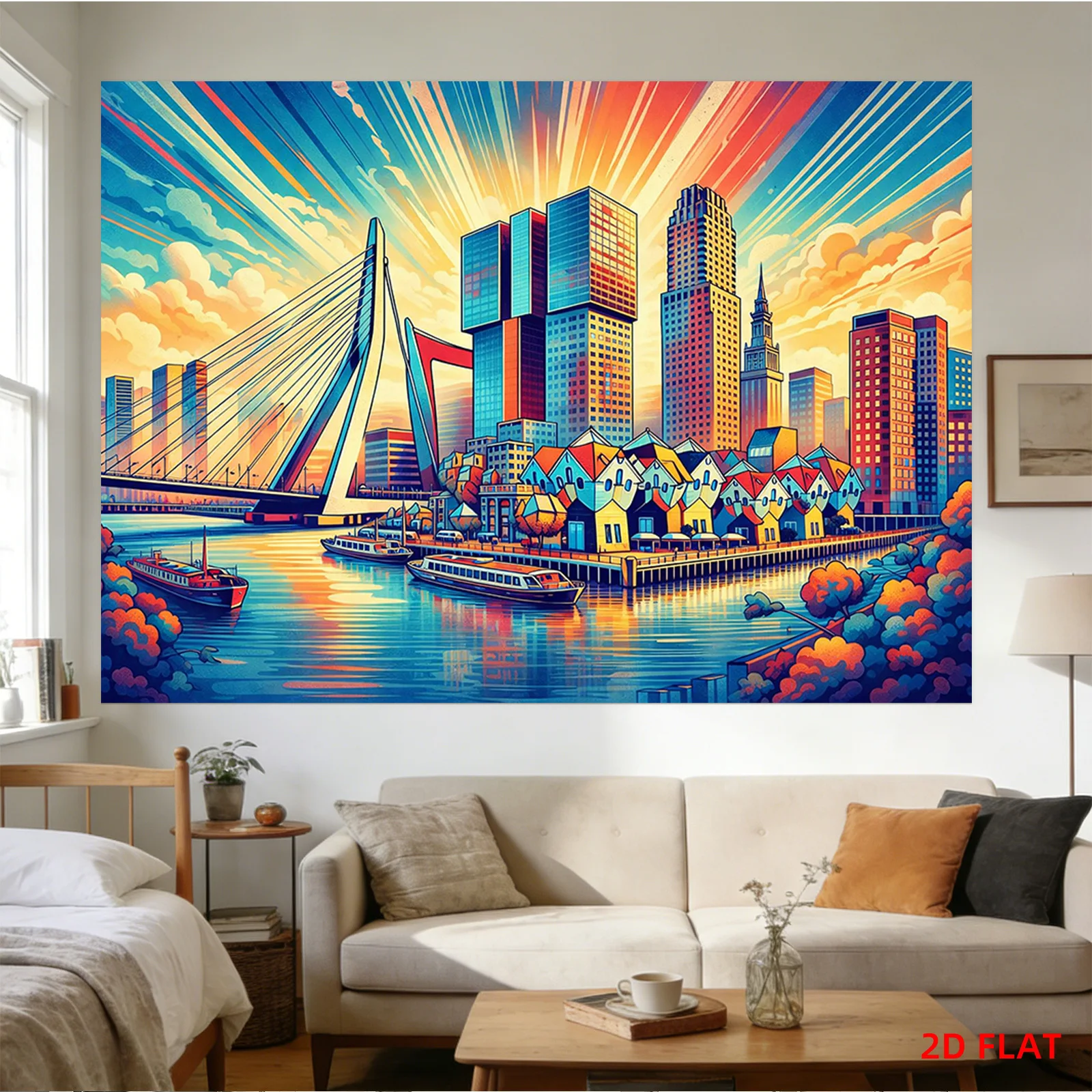 Large Vibrant Pop Art Cityscape Wall Tapestry Canvas Print Retro Urban Skyline Decor for Modern Living Room Aesthetic Home Decor