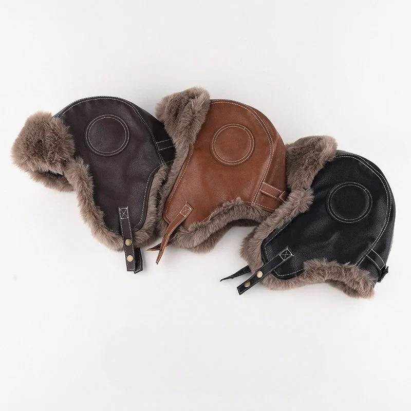 Leather Lei Feng Hat: Winter-Thickened, Warm, Ear-Covering Pilot-Style Leather Hat for Cycling and Cold-Weather Protection