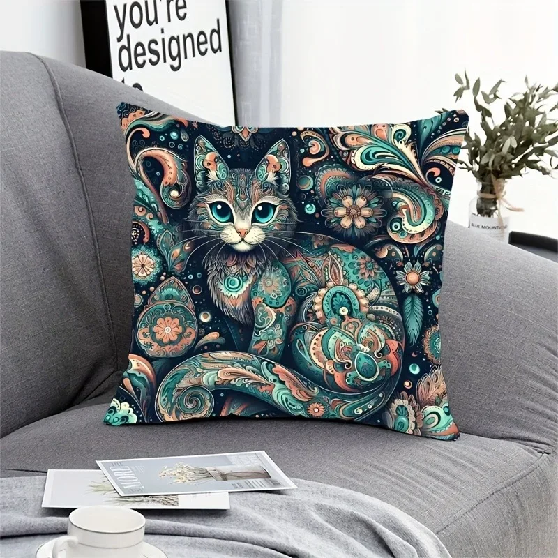 

Bohemian Cat Print Animal Theme 18x18 Inch Polyester Single-Sided Print Machine Washable Bedroom Outdoor Office Home Decor