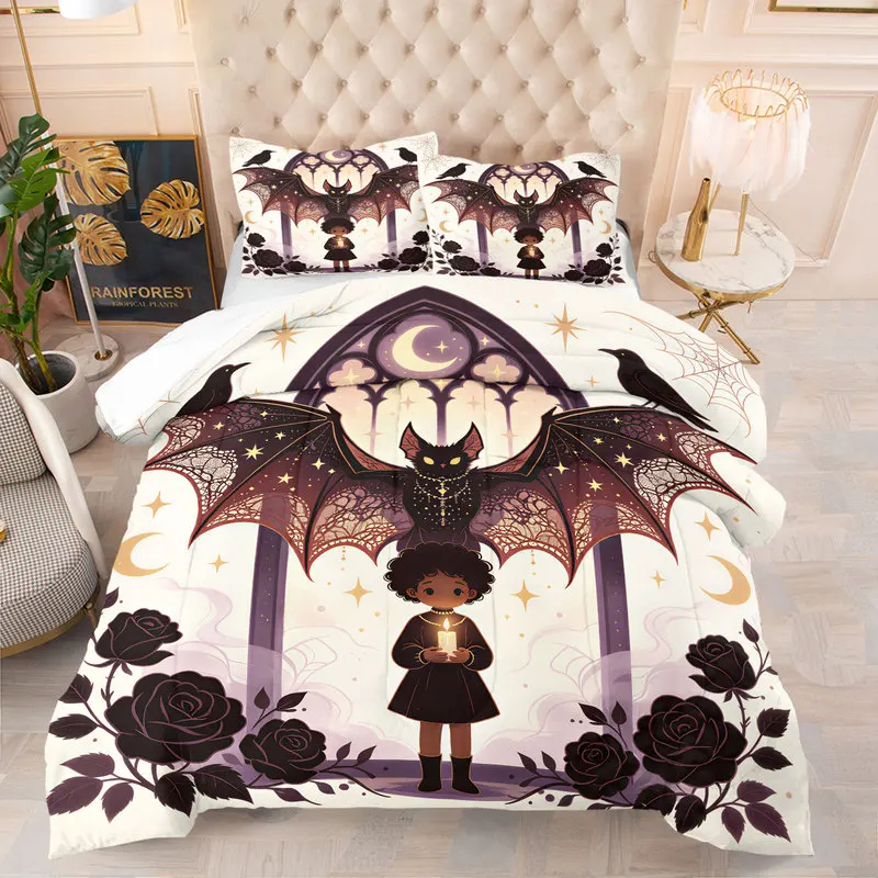 Gothic Halloween Comforter Set Vintage Pumpkin Rose Bat Moon Print Bedding Set Fashion Cozy Quilt Set Bedroom Decor Holiday Gift