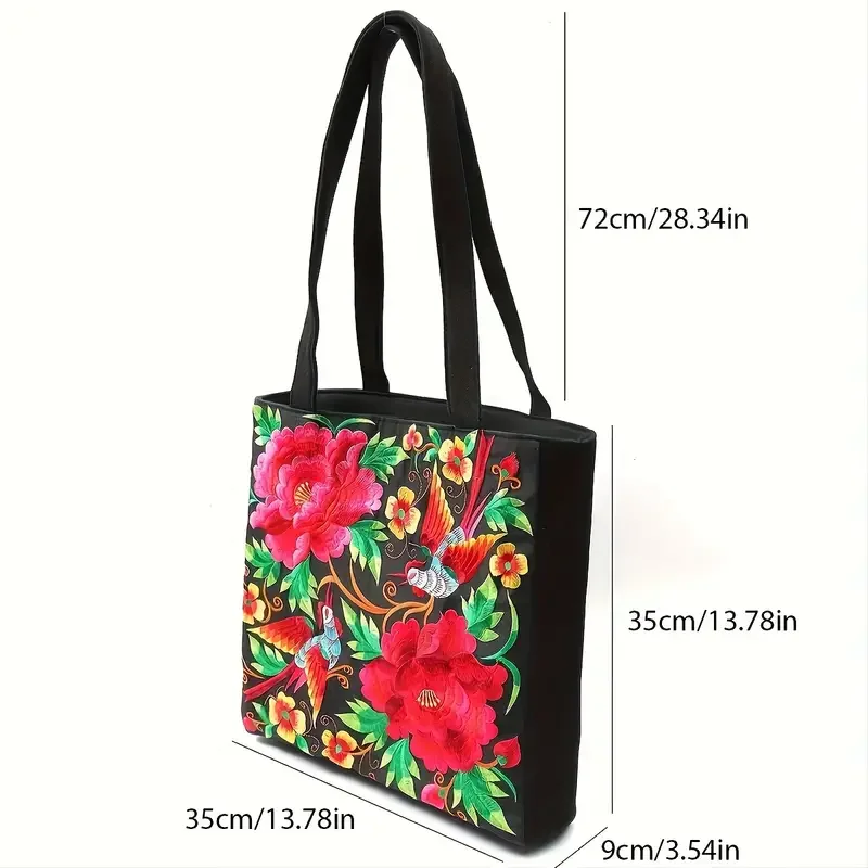 Ethnic Style Flower Embroidery Canvas Tote Shoulder Bag Large Capacity Handbag For Women