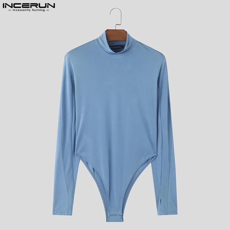 INCERUN 2024 American Style Rompers New Men Stylish Solid Jumpsuits Sexy Casual Streetwear Thimble Design Long Sleeved Bodysuits