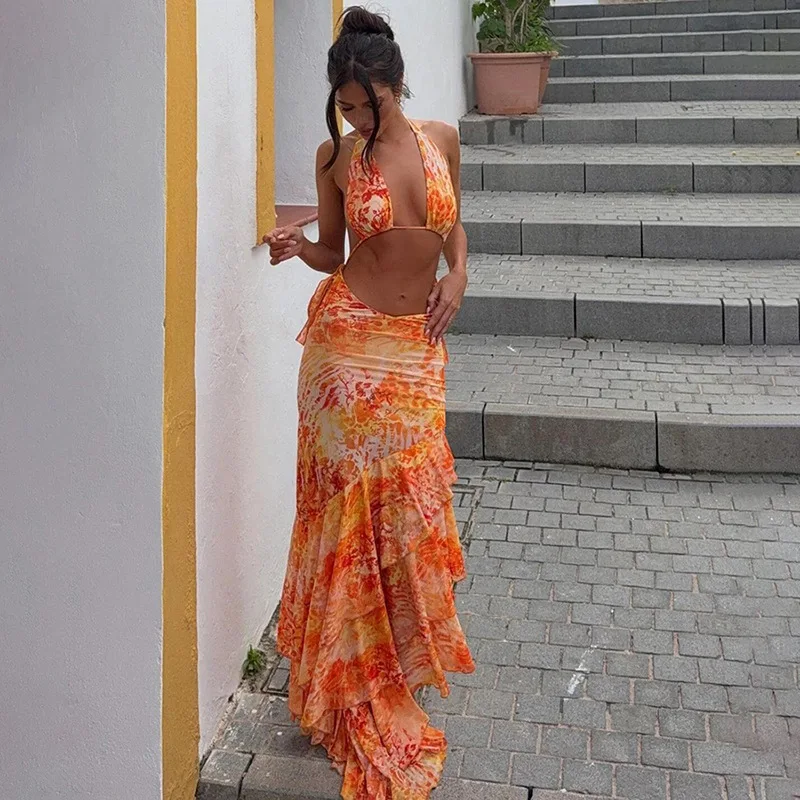

Deep V-neck Sexy Fold Tank Dress Women Backless Halter Sleeveless Vest Tops Party Beach Vacation Outfits Dress