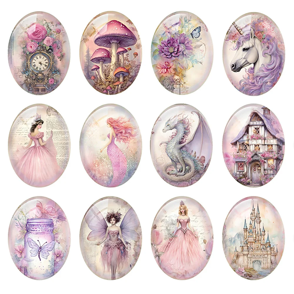 Random Mixed Round/Oval/Square Pink Fairy Dragon Unicorn Mermaid Photo Glass Cabochon Flatback Demo Cameo For Diy Jewelry Making
