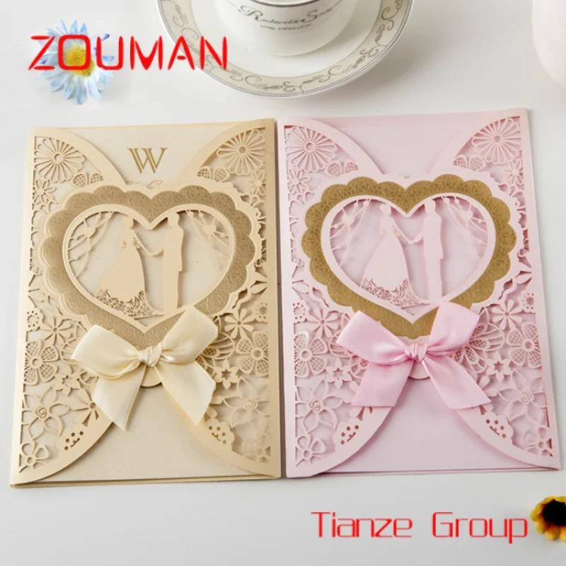 Custom , lace heart shape love theme laser cut wedding invitation card