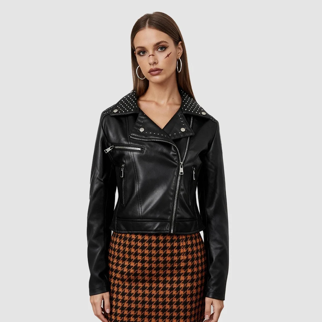 سترة نسائية لخريف وشتاء 2026، سترة جلدية رفيعة قصيرة من جلد البولي يوريثان بسحاب مائل #2