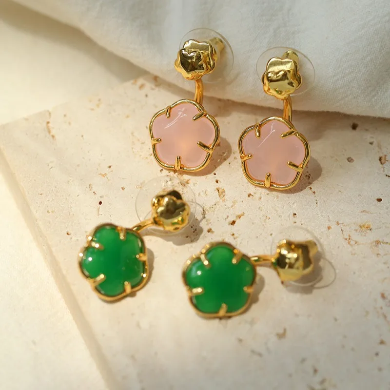 Trendy Sweet Cute Pink Glass Stone Plum Charms Niche Design Green Flower Earrings Simple Classic Personality Earrings for Girls