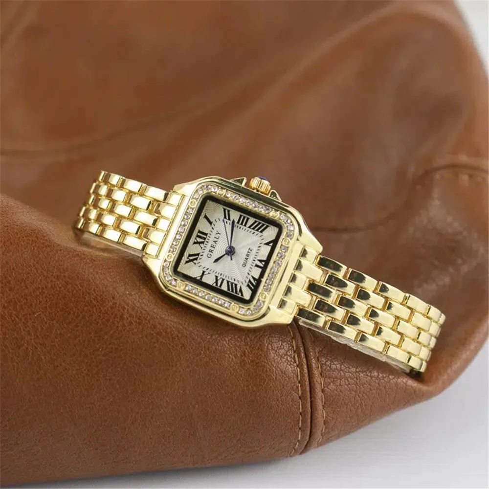 luxury crystal square dial quartz women steel band wrist watch