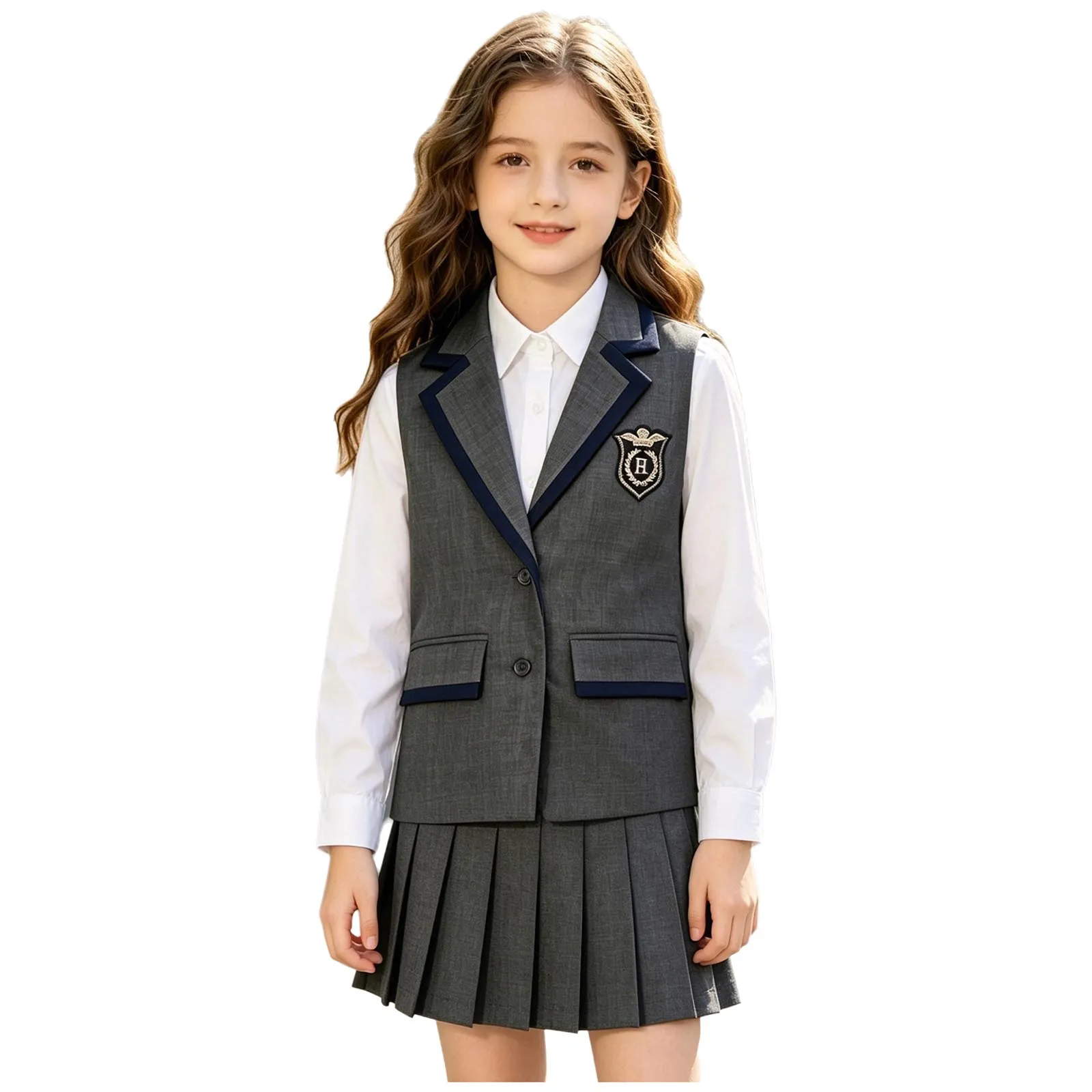 Unisex Kids Sleeveless School Uniform Top Contrasting Trim Tank Top Outwear Lapel Button Pockets Waistcoat Vest