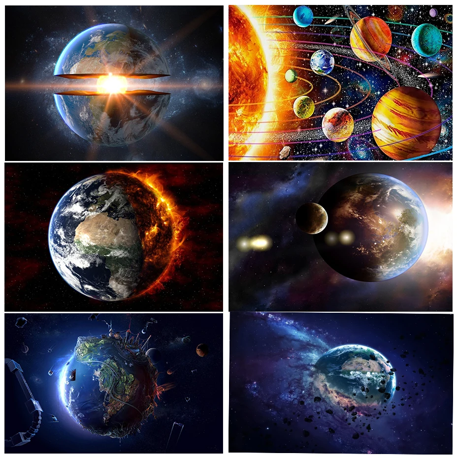 

Original Blue Earth Canvas Painting, Wall Art Posters, Abstract Flame Space, Protect the Earth Prints for Living Room Pictures