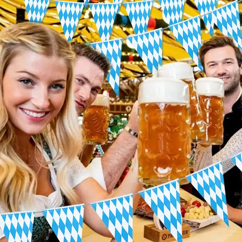 Estandartes plásticos treliçadas para cervejas de bar, decorações temáticas da Oktoberfest, bandeira bávara, azul e branco, 10 m