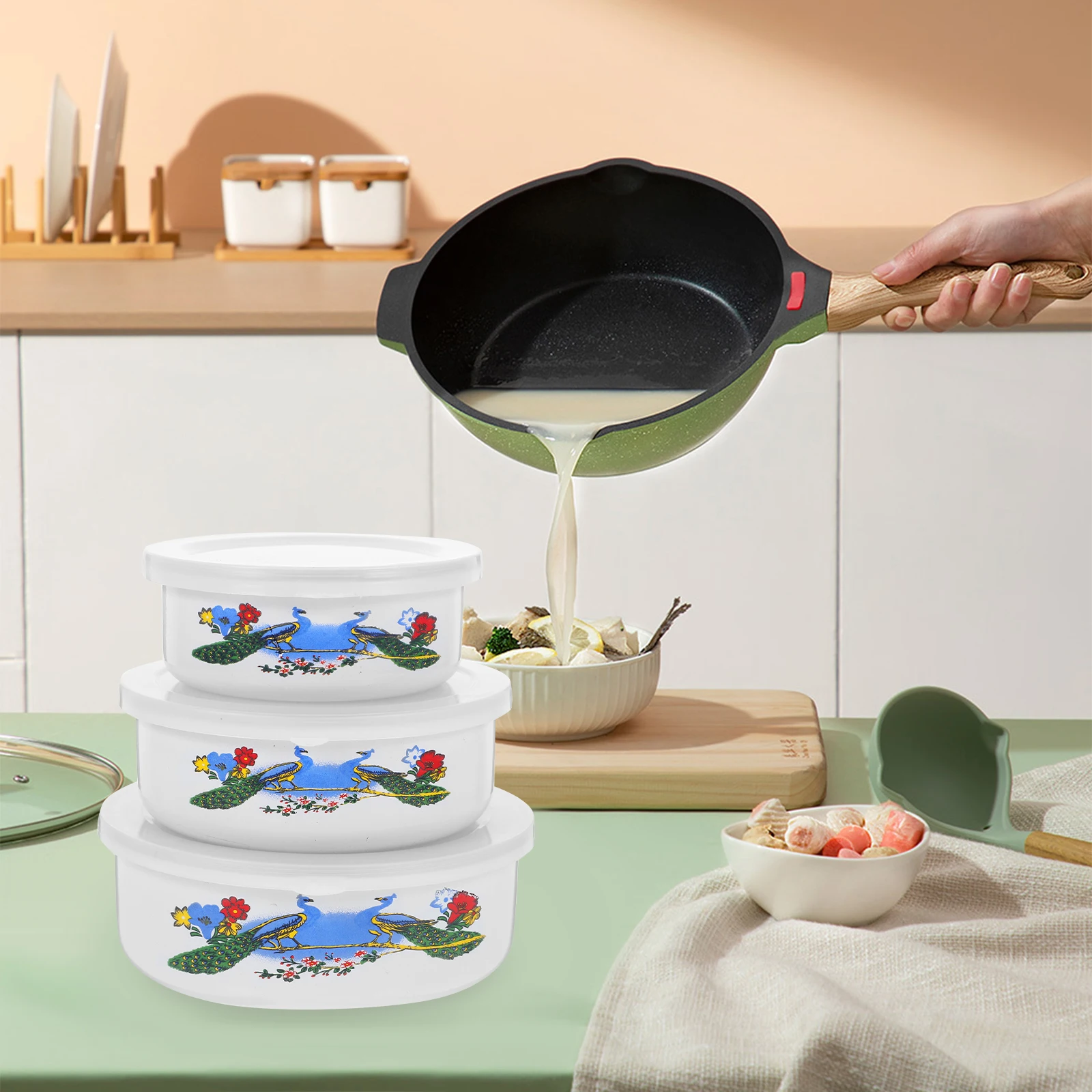 

3pcs Enamel Bowl Set Vintage Food Serving Bowl For Salad Noodle Soup Storage Portable Lunch Container Bento Box Office