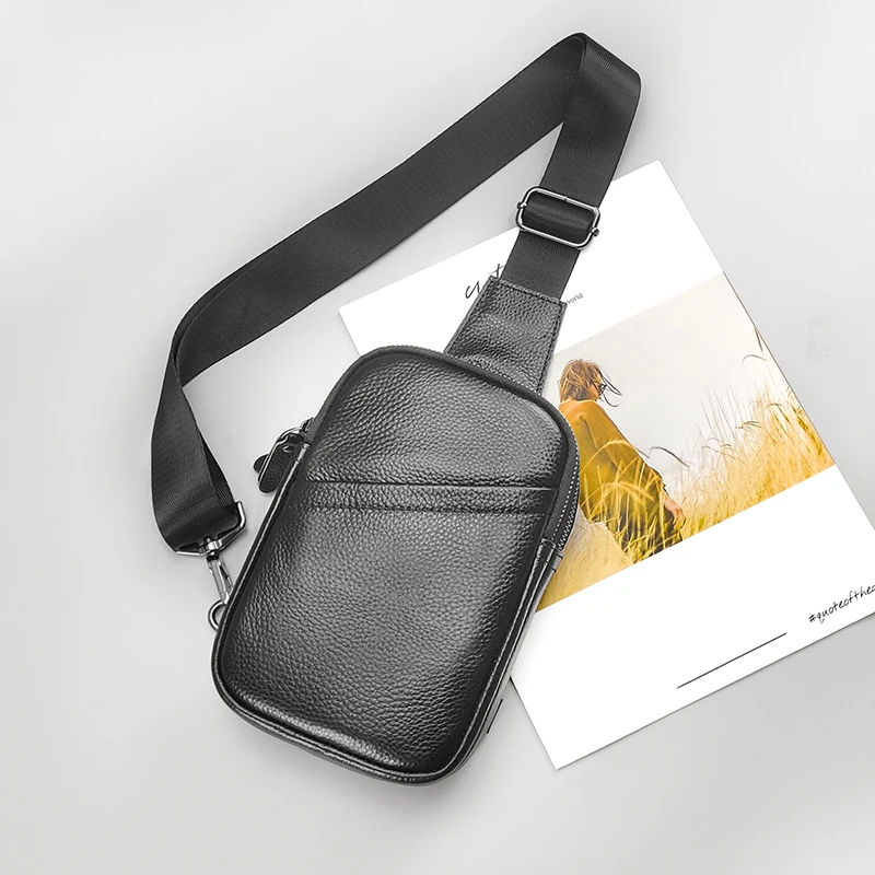 

Small Black Genuine Leather Sling Bag for Men Women Crossbody Shoulder Chest Pack Hiking Daypack Outdoor Travel Backpack Cycling
