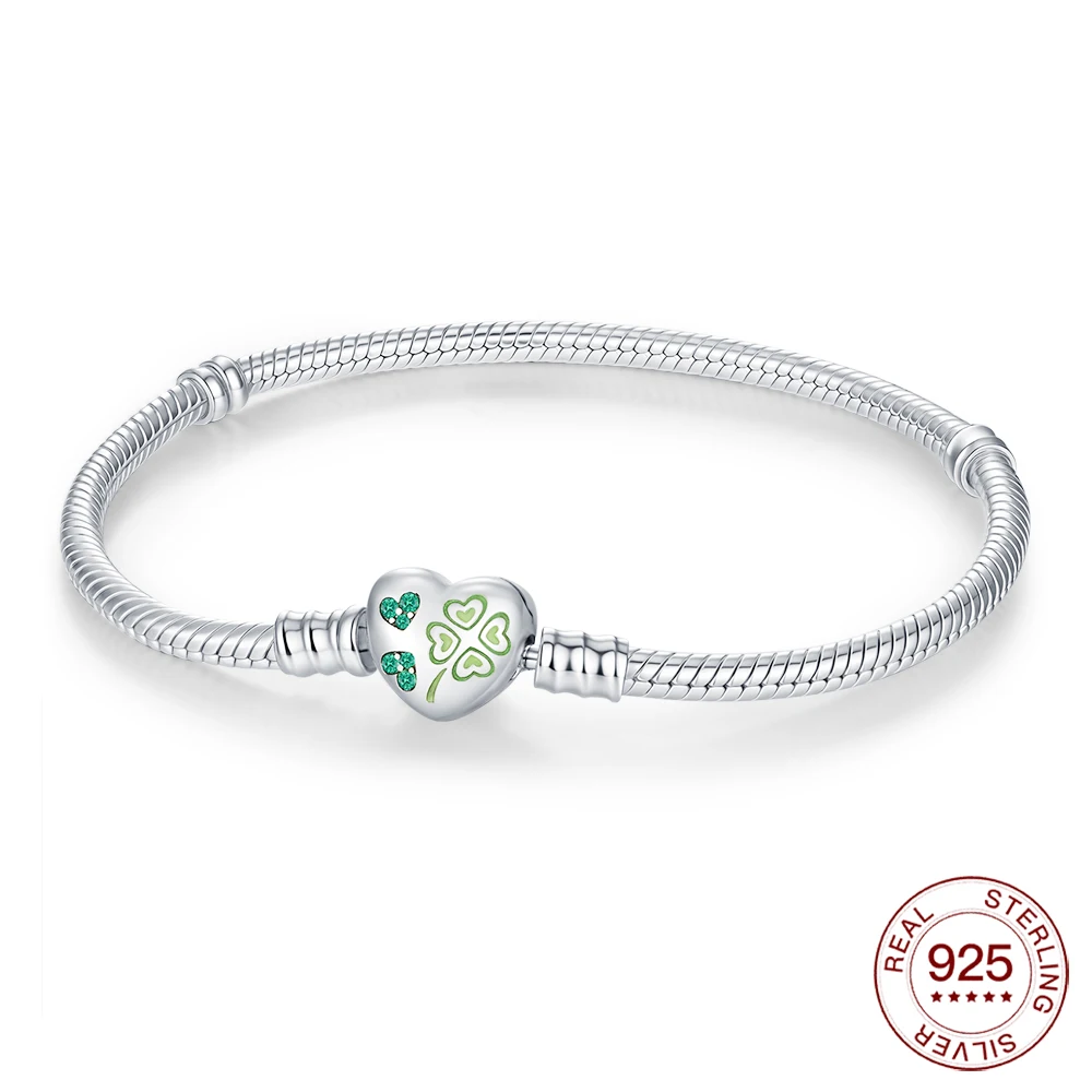 925 Sterling Silver Bracelet Four-leaf Clover Heart-shaped Buckle Bracelet For Women For Original Charm Beads Jewelry Love Gifts