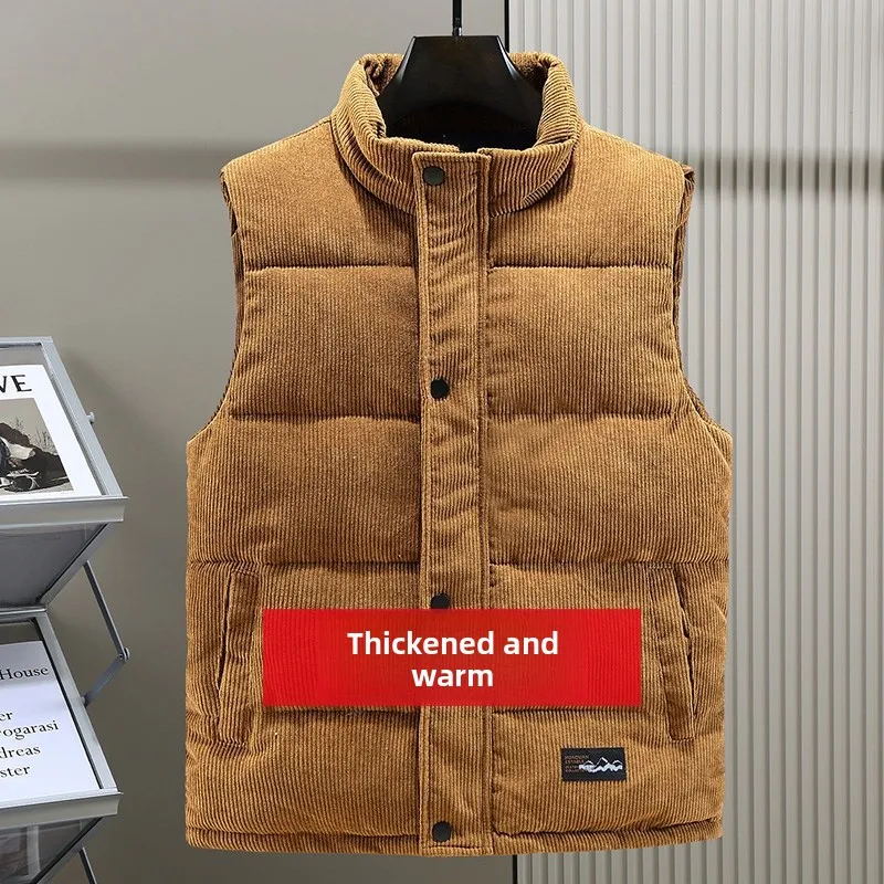 

High-End Faion Men's Thiened Corduroy Stand Collar down Cotton Vest Autumn Winter Outerwear Warm Coat Jaet Youth Casual