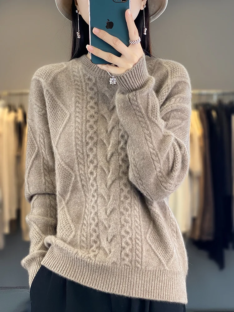 High-quality Autumn Winter Thick Women Sweater 100% Merino Wool O-Neck Pullover Twist Flower Long Sleeve Knitwear Women Clothes