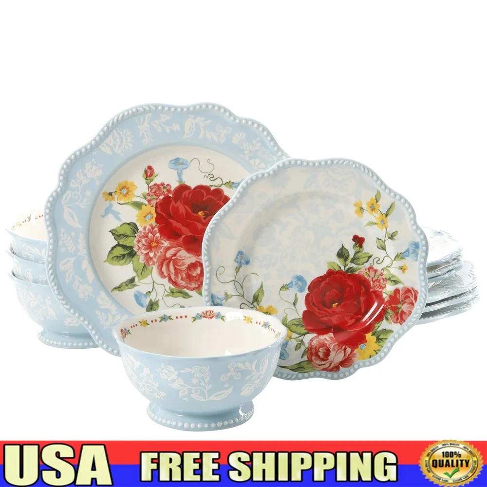 

12-Piece Stoneware Dinnerware Set with Floral Design Scalloped Rim Microwave Dishwasher Safe Perfect Everyday Dining