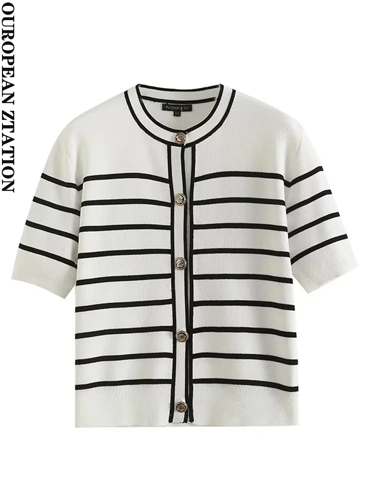 PAILETE Women 2023 fashion front button striped cropped knit cardigan sweater vintage o neck short sleeve female outerwear chic