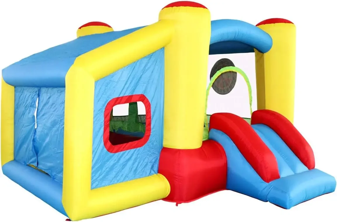 Inflatable Bounce House with Blower, Jumping Castle Slide, Kids Bouncer with Ball Pit, Basketball Rim, Dart Target Game