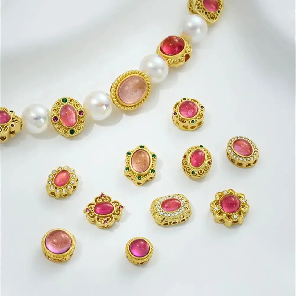 Copper 18K Matte Gold Plated Inlaid Imitation Natural Crystal Cat Eye Starry Pink Multi-Hole Beads DIY Jewelry Accessories