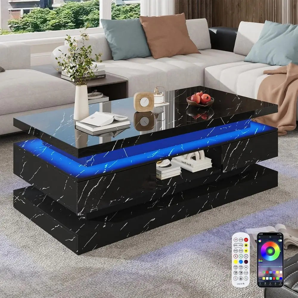 

Журнальный столик с LED-подсветкой, 47,2 дюйма, глянцевый, с 2 выдвижными ящиками, двухуровневый, для гостиной