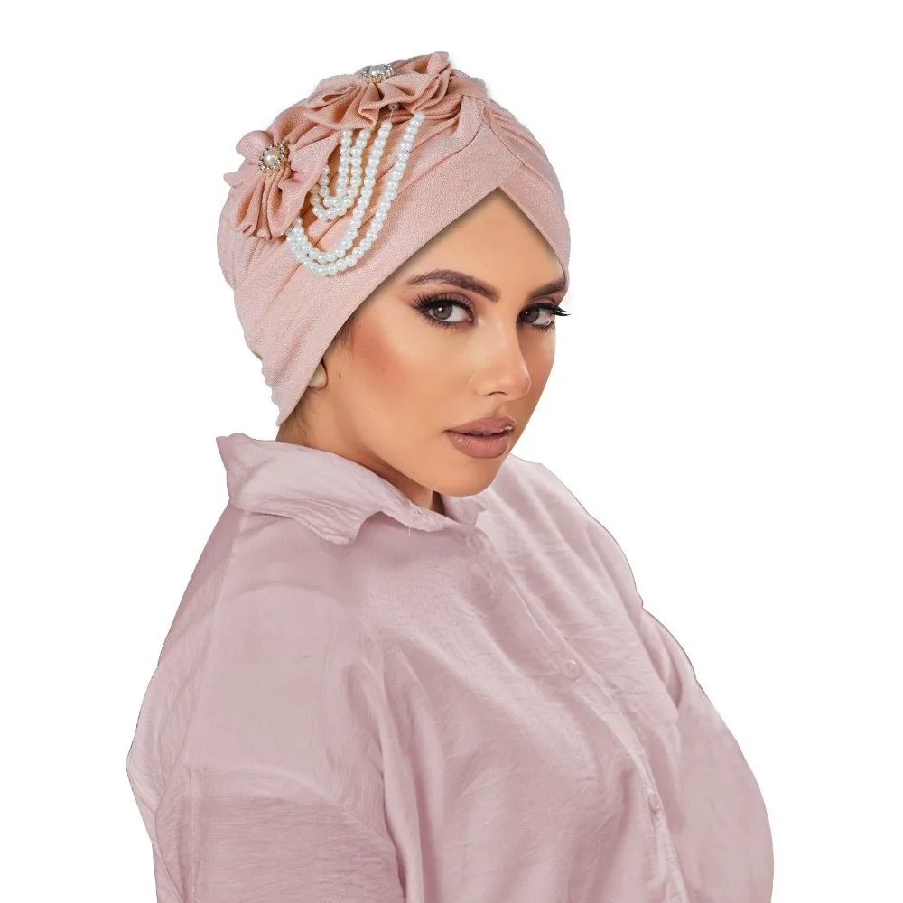 Pleated Breathable Head Wraps Elegant Pearls Beading Hairloss Hat Cover Flower Design Cross Turban Cap Daily
