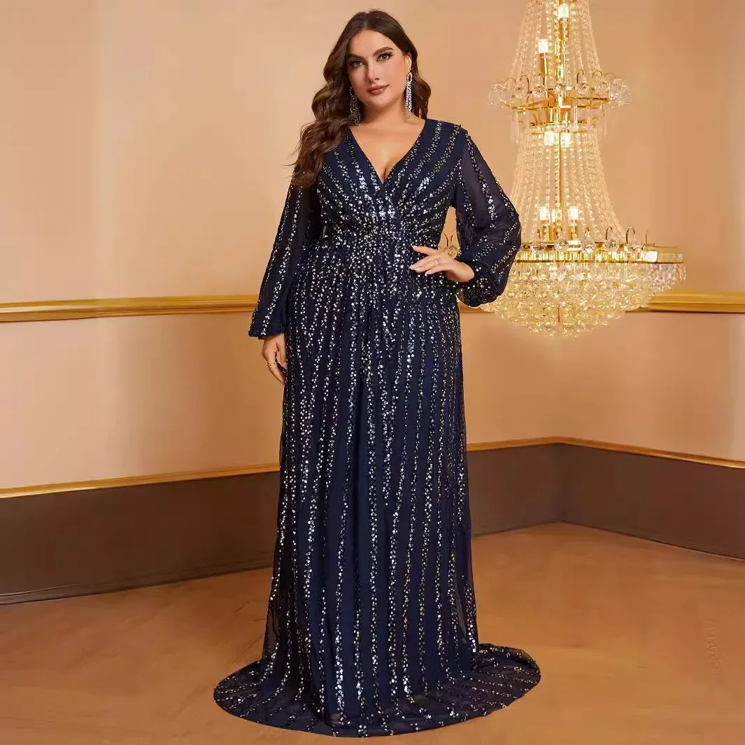 

Women's Plus Size Prom Evening Dress V-Neck Sequined Lantern Sleeve Elegant Floor Dress Dress