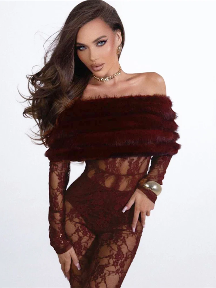 

Whatiwear Sexy Fashion Jumpsuits Woman Furry Patchwork Slash Neck Backless Jacquard Skinny Peach Hip Midnight Coquette Overalls