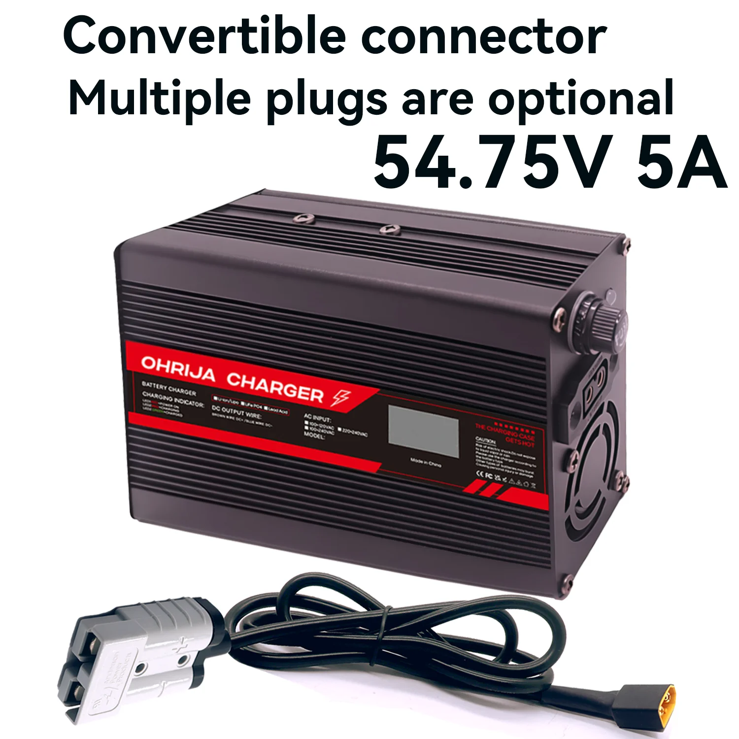 54.75V 5A LiFePO4 Battery Fast Charger for 15S 48V OLED Display  Interchangeable Connector Fast stabilization with cooling fan