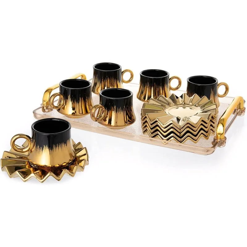 Turkish Coffee Cup Set of 6 with Saucers & Tray - Luxury Arabic Greek Japanese Marble Ceramic Tea Cups for Espresso Cappuccino