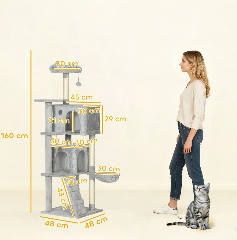 160 cm Multilevel kattenboom met sisal krabpalen, pluche platforms, hol, hangmat, ladder en hangende speelballen