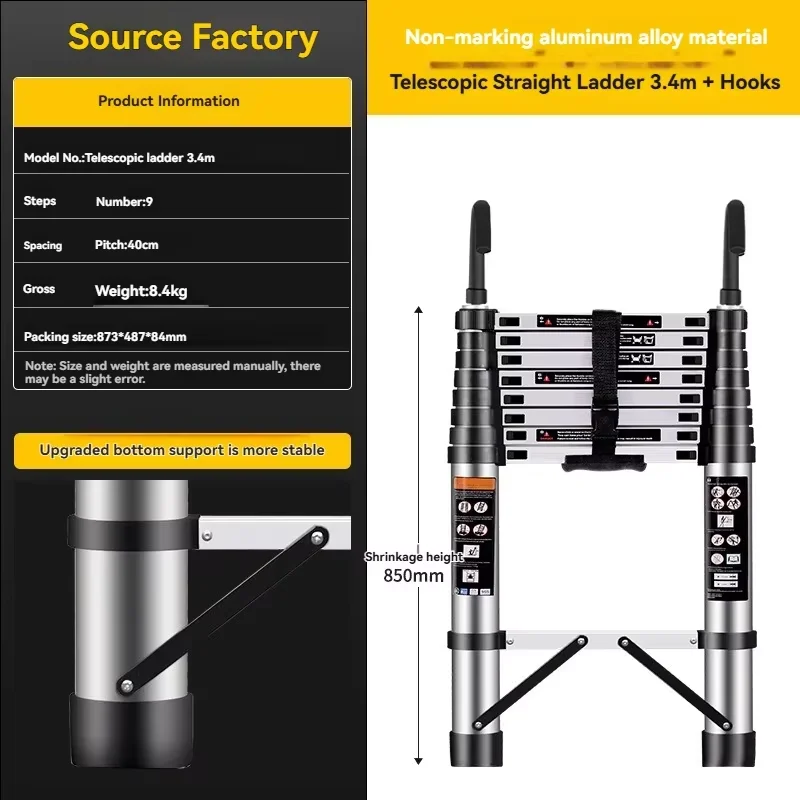 New aluminum alloy telescopic ladder with hooks, reinforced aluminum alloy telescopic straight ladder, widened anti-skid pedals