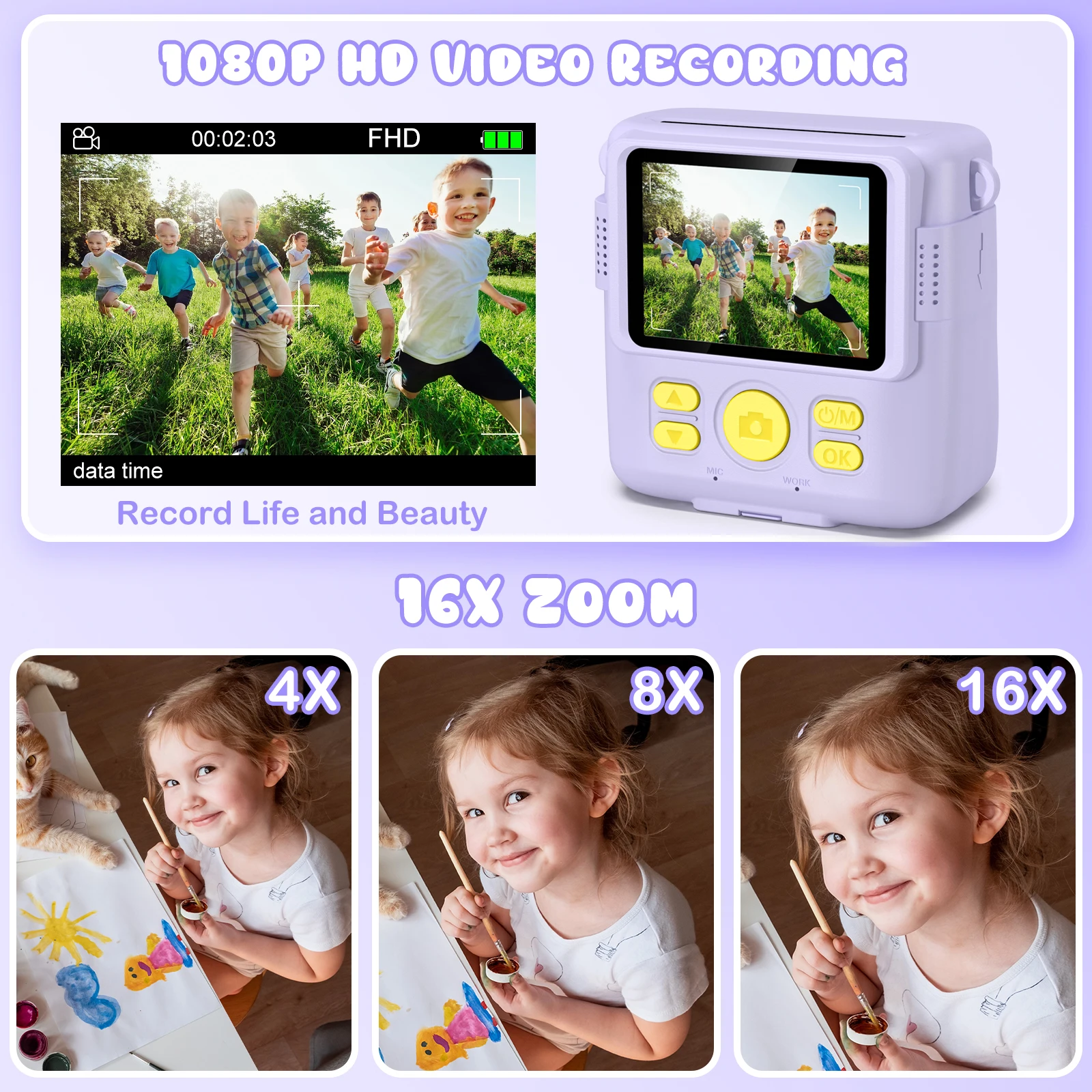 Câmera digital infantil 2.4 "1080P HD câmera de vídeo portátil câmera de impressão instantânea com cartão de 32 GB, presente de aniversário para meninos meninas 3-12