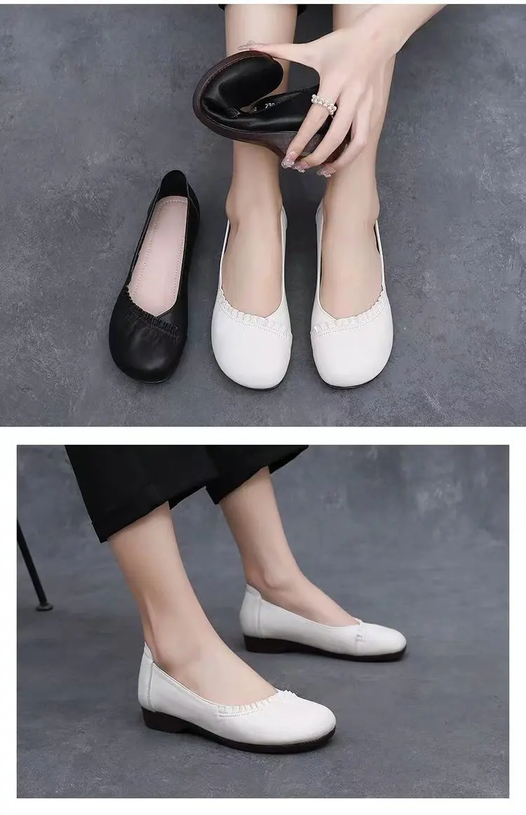 Elegante Damen-Ballerinas aus Leder mit Raffung, Bequeme Flache Slip-on Schuhe, Lässige Büro-Flats für Damen – Detail 2