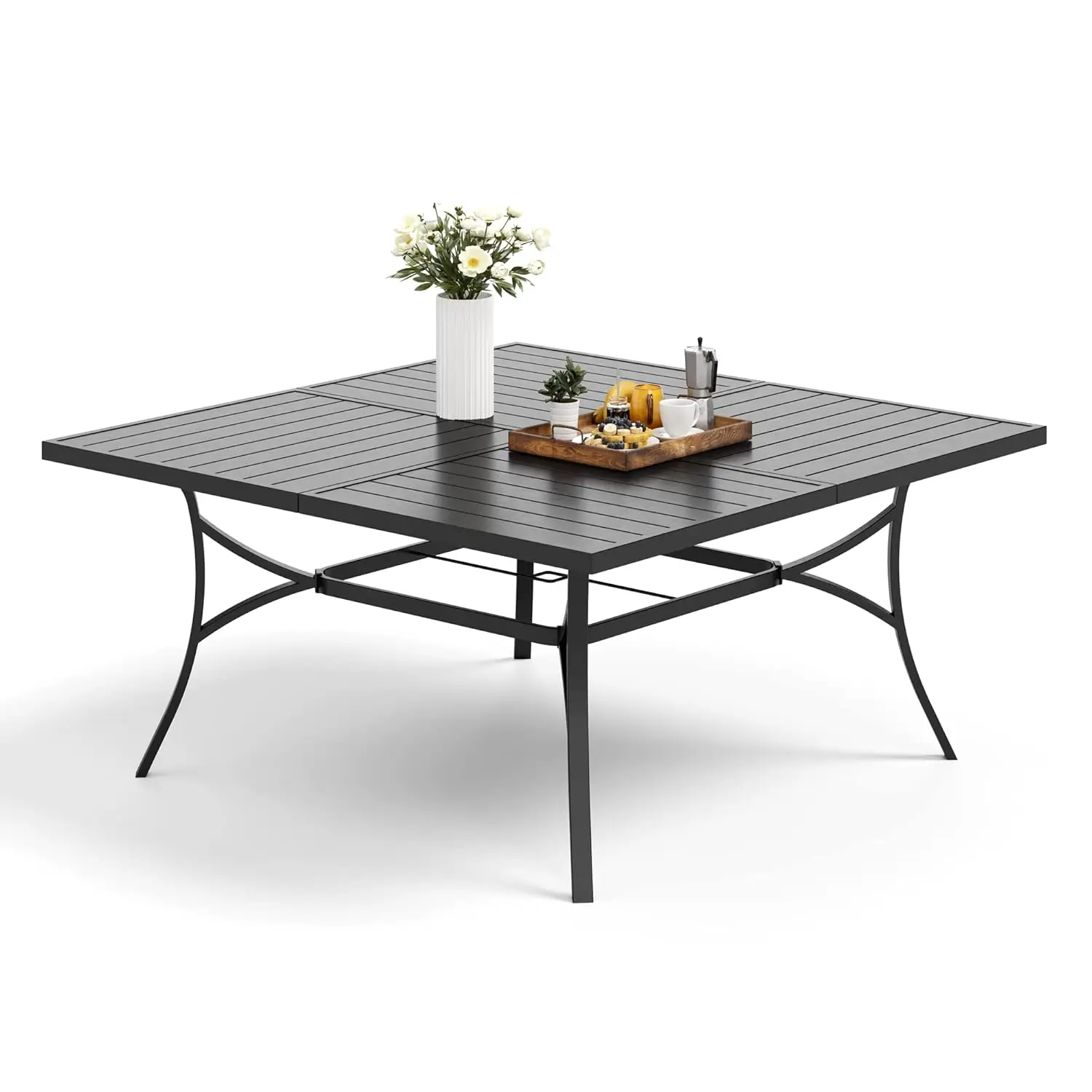 60 Inch Square Metal Outdoor Dining   with Adjus  Umbrella Hole   All Weather Patio Furniture Seats 8 for Deck Back