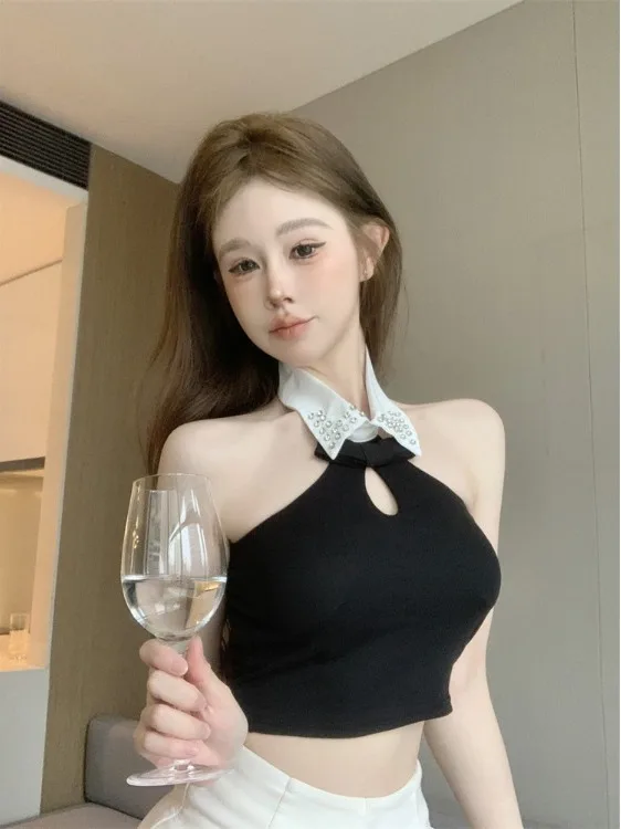 夏用セクシーな透かし彫りダイヤモンド装飾クロップトップ レディースベスト 通気性のあるコットンブレンド ビジネスカジュアル