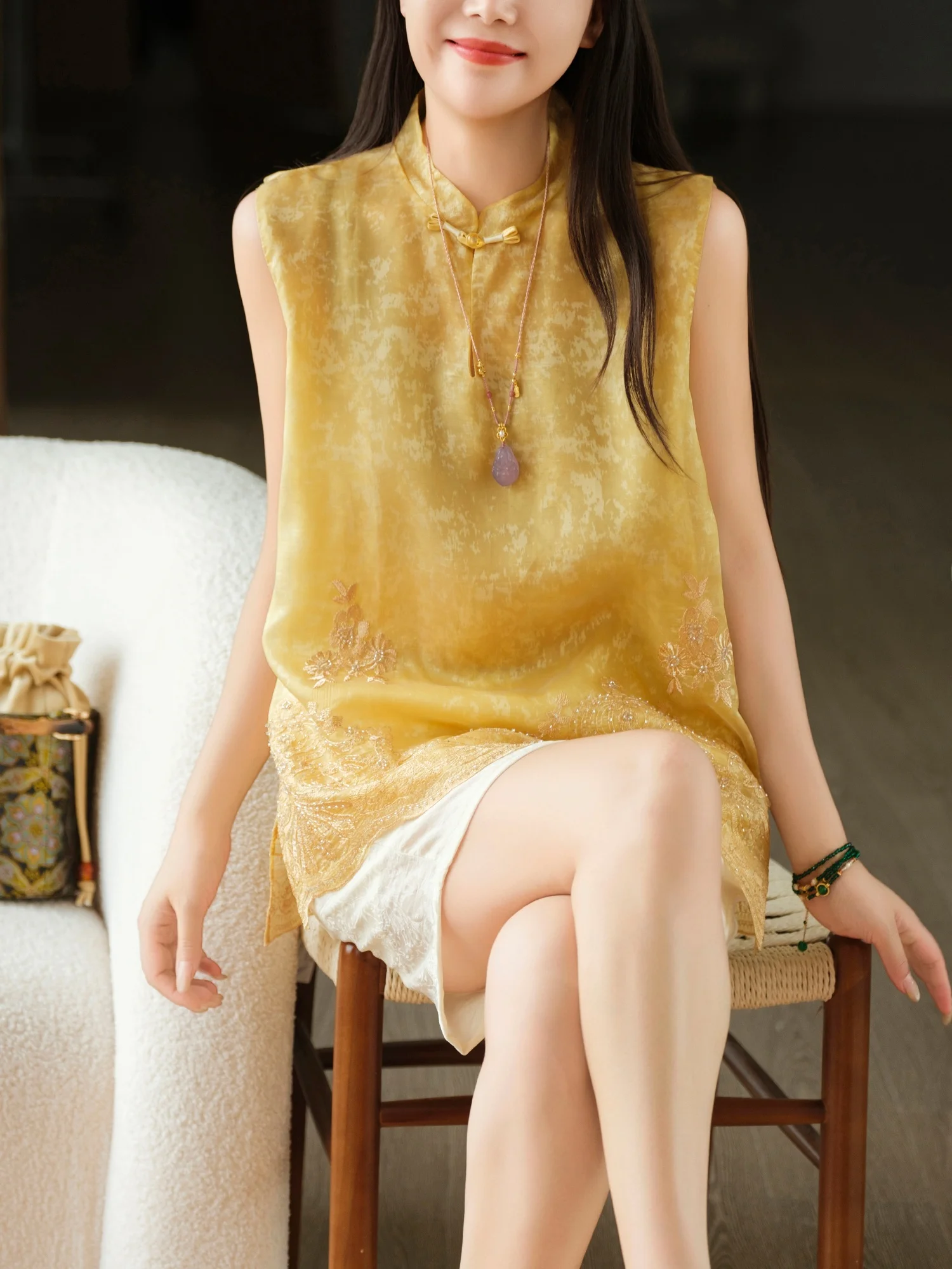 Elegant Double Layer Silk Shantung Embroidered Top with Rivet Detail Breathable Summer Fashion for Women