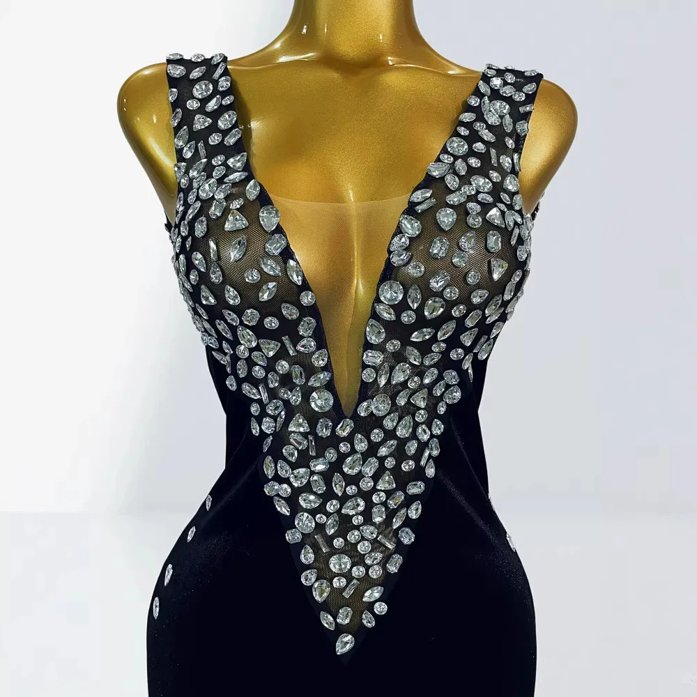 Luxury  Sexy Sparkly Crystals Black Tight Jumpsuit Sleeveless Elastic Tights Jazz Dance Party DJ Singer Performance Costume