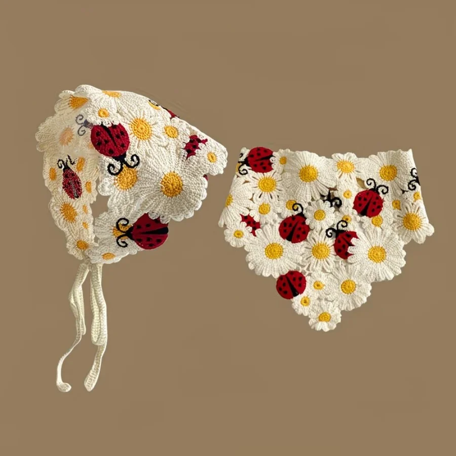 

Bohemian Crochet Headscarf | Handmade Polyester Knit Triangular Headscarf With Ladybug and Daisy Design | Women's Multi-colored Bohemian Headband | Adjustable Bow Tie Closure | Elegant and Stylish Accessory