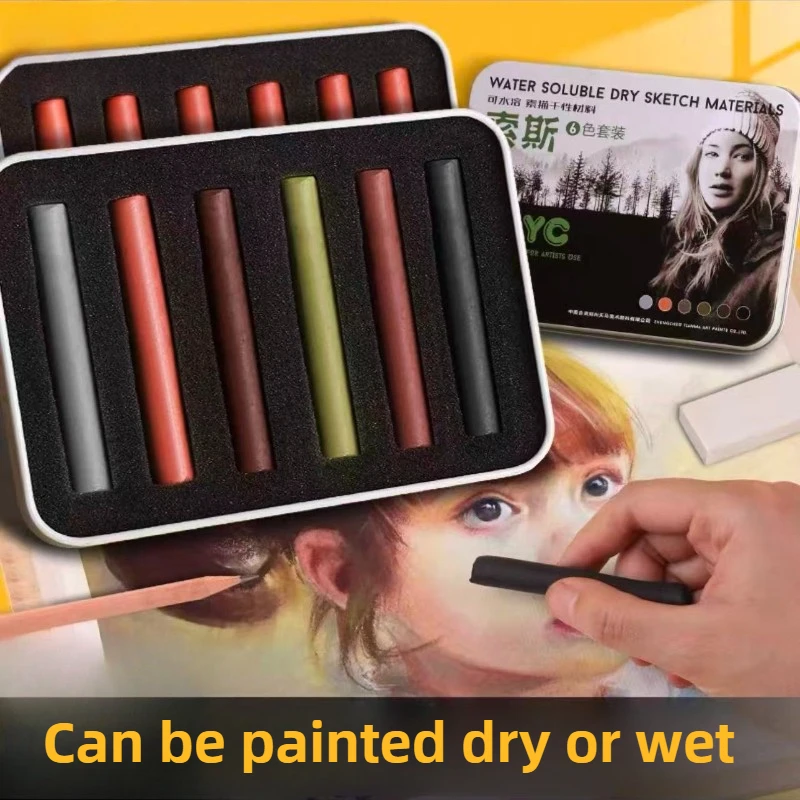 Water Soluble Sketch Painting Color Powder Stick Iron Box Set Artist Dry Wet Dual-purpose Charcoal Stick Art Charcoal Pencils