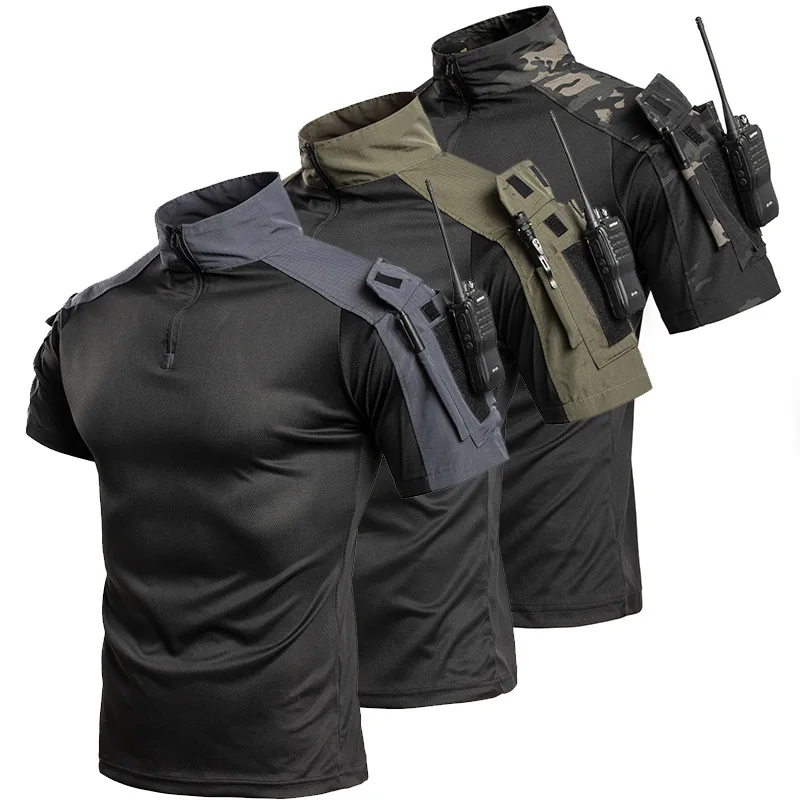 Men's Tactical Combat Shirt Short Sleeve 1/4 Zip Breathable Quick Dry Camo for Airsoft Paintball Training Outdoor Hunting Hiking