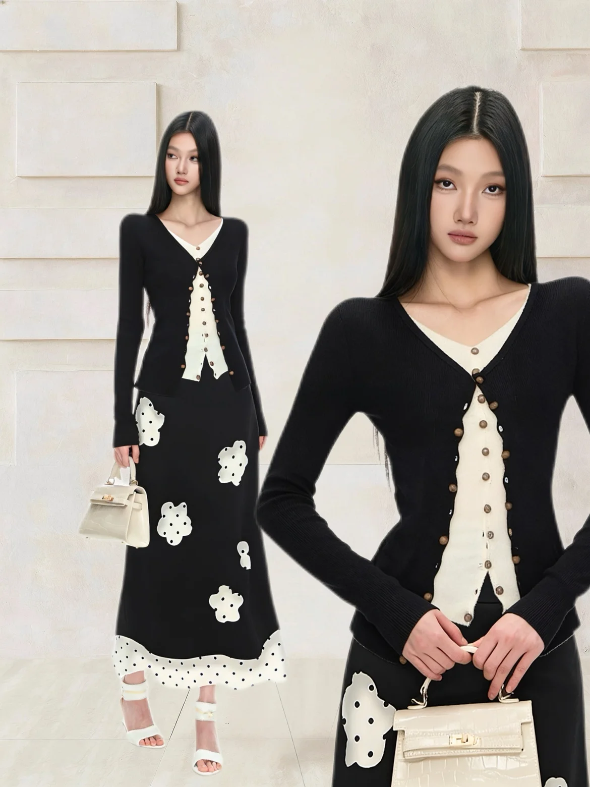 

Элегантный комплект из двух предметов с цветочным принтом: открытый кардиган и юбка для женщин, летний повседневный наряд в нежном стиле с точечным узором