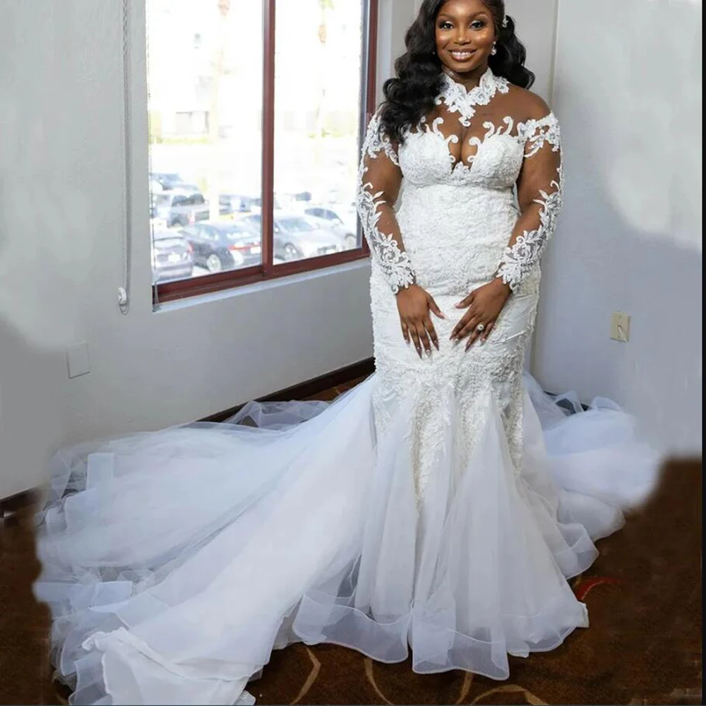 

Aso Ebi Lace Appliques Wedding Dresses For Black Girls Long Sleeves Mermaid Bridal Gowns Customized Bride Marriage Clothing